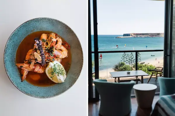 Pair of photos from a beach resort in Portugal, one showing a shrimp dish, and one showing water views from a guest room