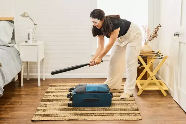 A person hits the Antler Soft Stripe Carry-On with a baseball bat