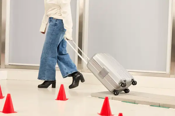A person wheels the Samsonite Uplift Hardside Carry-on over stone pavers