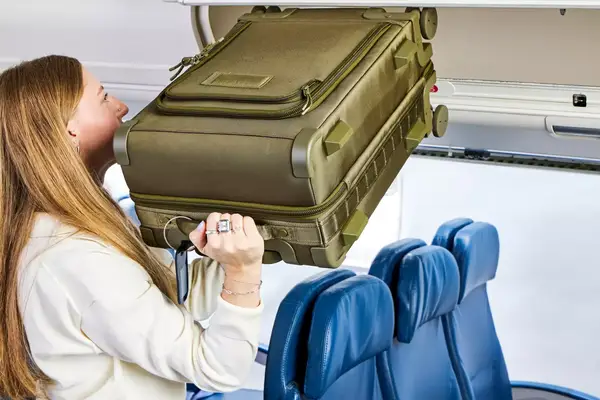 A person lifting the Dagne Doverr Seattle Carry On Rolling Luggage 20.5