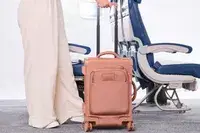 A person wheeling the Dagne Dover Seattle Carry-on down an airplane aisle