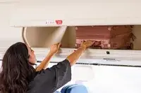 A person places the Dagne Dover Smaller Seattle Carry-on Luggage 20.5 Inches into an overhead compartment