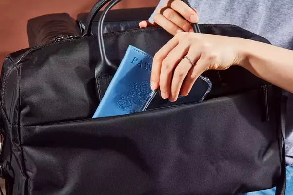 Away The Large Everywhere Bag displayed on a gray couch