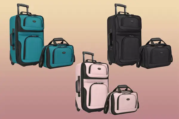 collage of carry on luggage set in multiple colors on pink gradient background