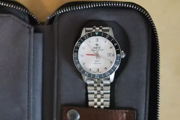 zodiac super sea wolf gmt automatic watch in case
