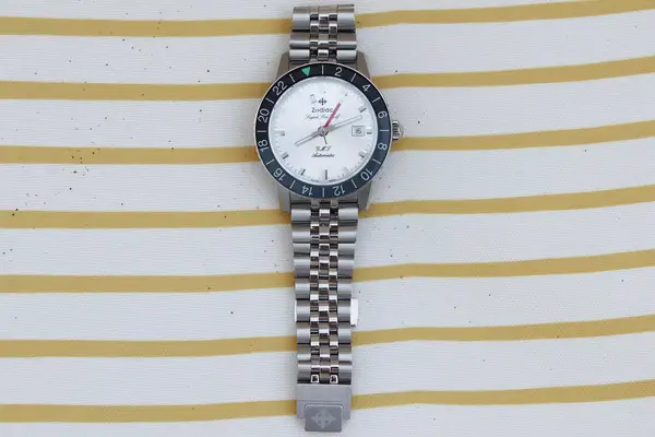 zodiac super sea wolf gmt automatic watch on striped blanket