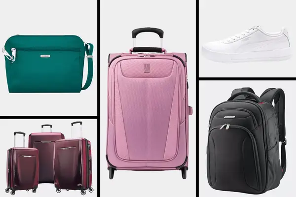 A collage of various luggage and bags, featuring suitcases, a backpack, a shoulder bag, and shoes