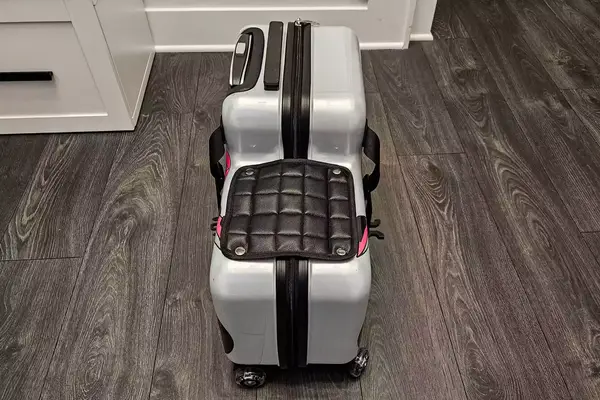 The back view of the Younglingz Ride On Suitcase on a wooden floor