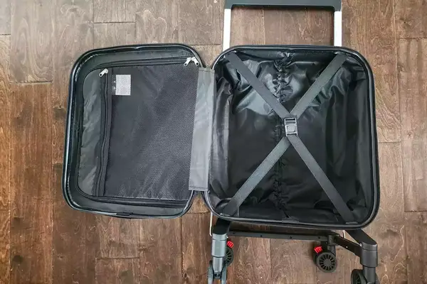 An opened Mountain Buggy Skyrider Luxury on a wooden floor