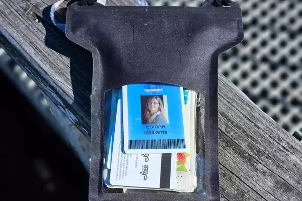 Cards in the Nite Ize RunOff Waterproof Phone Case resting on wood