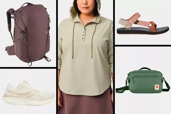 REI Co-op backpack, Fjallraven fanny pack, Hikerkind jacket, Teva sandals, and Saucony sneakers on a grey grid background