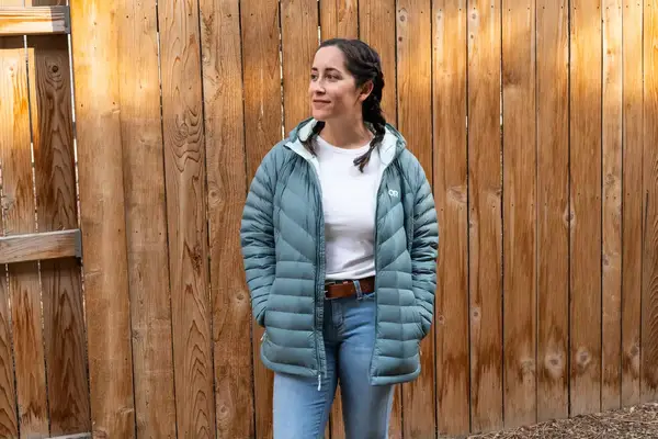 A person looking to the side while wearing the Outdoor Research Women