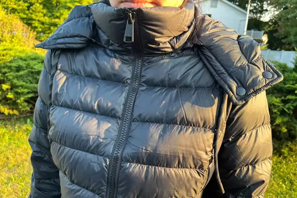 A close-up of a zipped Lole Claudia Down Jacket