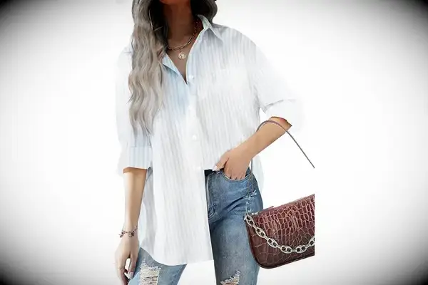 HOTOUCH Women Button Down Shirts Office Drop Shoulder Oversized Blouse Long Sleeve Boyfriend Dress Shirt with Pocket