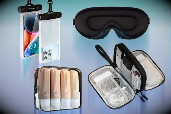 Various travel essentials including a waterproof phone case an eye mask a toiletry bag and travelsize bottles
