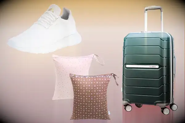 A set of packingrelated items including a suitcase storage pouches and a pair of sneakers