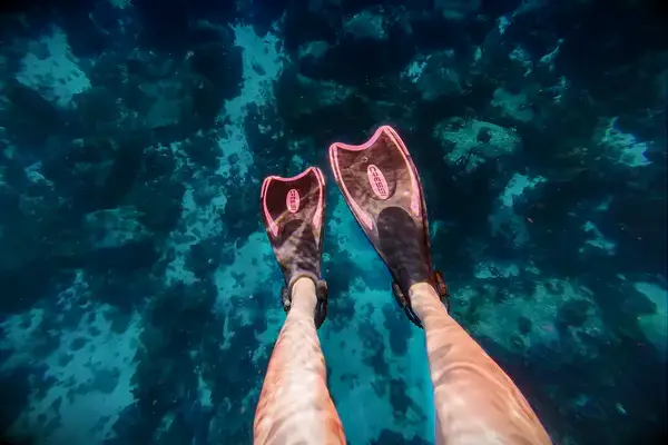 Underwater photo of feet with flippers on them taken with DJI Osmo Action 4