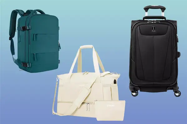 coofay Travel Backpack, ETRONIK Gym Bag and Travelpro Maxlite 5 Softside Expandable Carry on Luggage on a blue gradient background