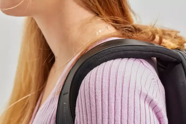 Closeup of the shoulder strap of the Troubadour Orbis 1-Pocket Backpack