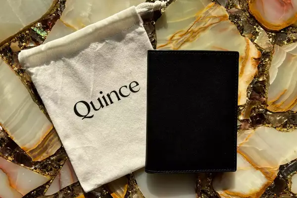 The Quince Nappa Leather RFID Blocking Passport Holder next to the carrying case