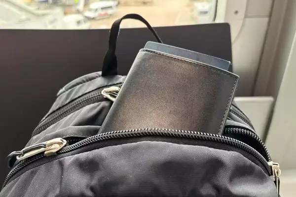 The Quince Nappa Leather RFID Blocking Passport Holder inside a zippered backpack