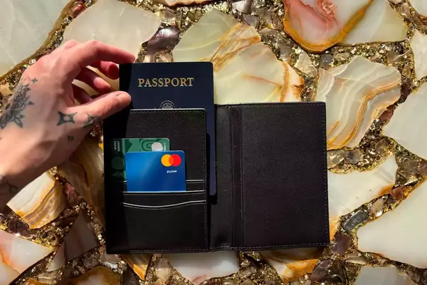 A passport and credit cards inside the Quince Nappa Leather RFID Blocking Passport Holder