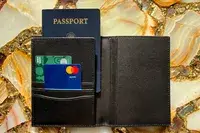 A passport and credit cards inside the Quince Nappa Leather RFID Blocking Passport Holder