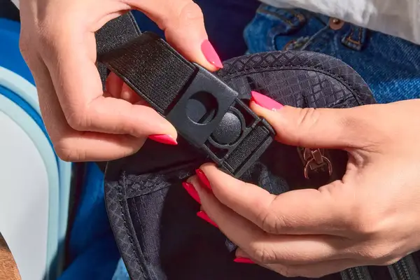 Hands buckling a Raytix RFID Money Belt