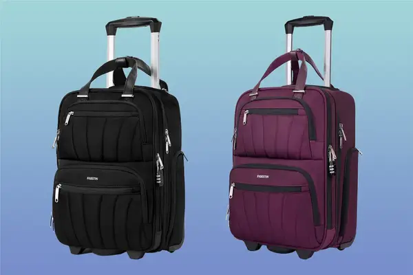 FIGESTIN Underseat Carry On Luggage Black and Wine Red on a blue background