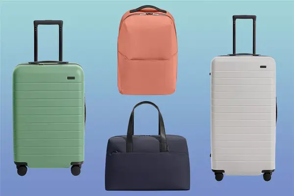 Away Bigger Carry-On Luggage, Away Everywhere Zip Backpack, Away Everywhere Duffle Bag and Away Large Trunk Luggage on a blue gradient background