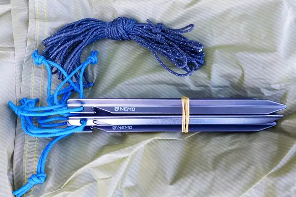 The stakes and cord for the Nemo Hornet Osmo Ultralight Backpacking Tent