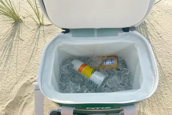 Ice and canned beverages inside the RTIC Insulated Soft Cooler Bag