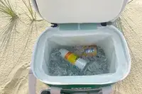 Ice and canned beverages inside the RTIC Insulated Soft Cooler Bag