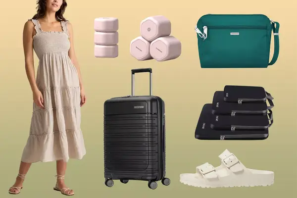 Quince 100% European Linen Smocked Midi Dress, Samsonite Elevation Plus Hardside Carry-On Pro Spinner, BAGAIL Set Compression Packing Cubes, Cadence Starter Set, Birkenstock Arizona EVA Essentials - Top View Birkenstock Arizona EVA Essentials - Bottom View Birkenstock Arizona EVA Essentials - Left View Birkenstock Arizona EVA Essentials - Back View Birkenstock Arizona EVA Essentials, and Travelon Anti-Theft Classic Convertible Crossbody on a green and yellow gradient background