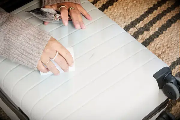 A person cleans a mark off of the Away The Front Pocket Bigger Carry-On