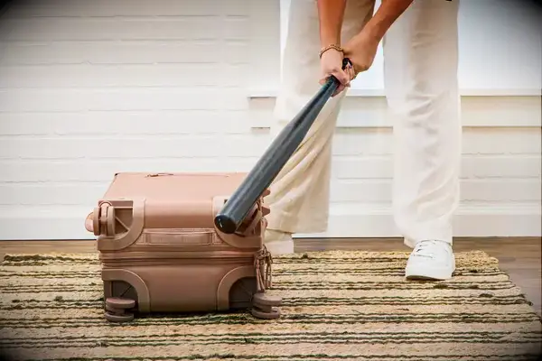 A person hits the Dagne Dover Smaller Seattle Carry-on Luggage 20.5 Inches with a baseball bat