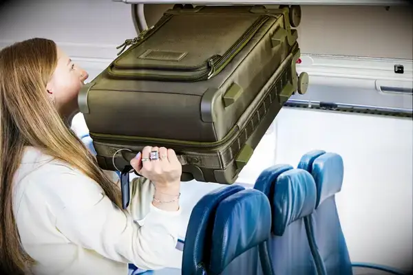 A person lifting the Dagne Doverr Seattle Carry On Rolling Luggage 20.5