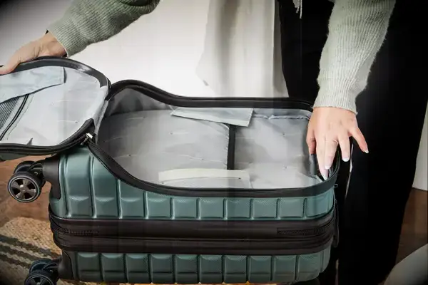 A person holds open the front pocket on the Delsey Paris Shadow 5.0 Carry-on with Laptop Compartment