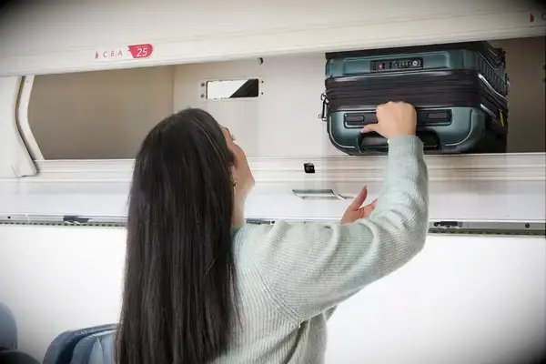 A person places the Delsey Paris Shadow 5.0 Carry-on with Laptop Compartment into an overhead compartment