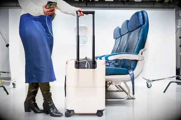 Person with their phone plugged into the July Carry On next to airplane seats