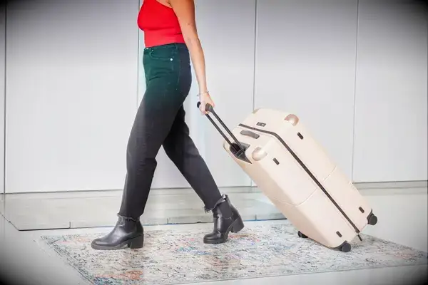 Person rolling the July Checked Plus Large Luggage across a rug