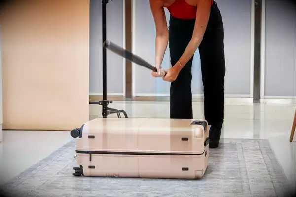 Person hitting the July Checked Plus Large Luggage with a baseball bat