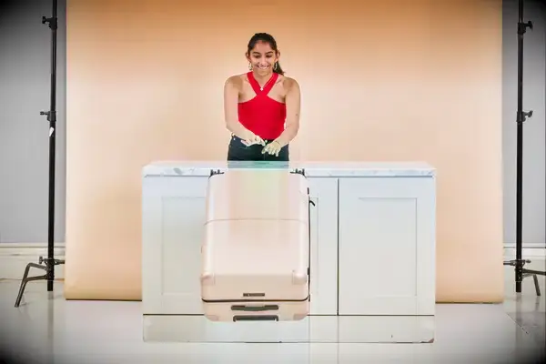 Person pushing a July Checked Plus Large Luggage off a counter