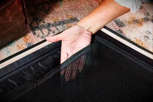Hand inside a mesh pocket inside the July Checked Plus Large Luggage