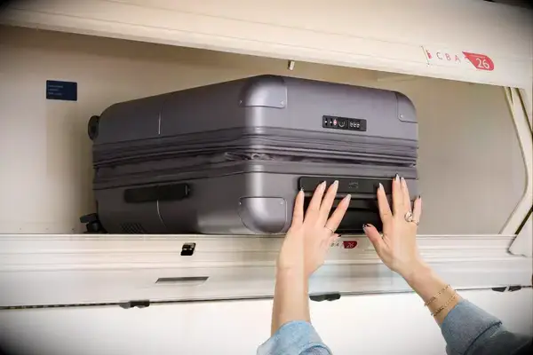 A person places the July Carry-on Max into an overhead compartment