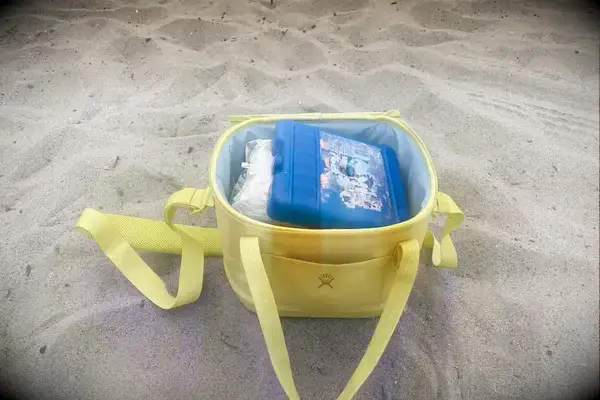 A Hydro Flask Carry Out Soft Cooler sits opened on the beach with an ice pack inside
