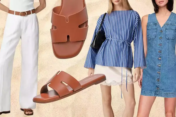 Fashion items including sandals, a striped blouse, a denim dress, and white pants