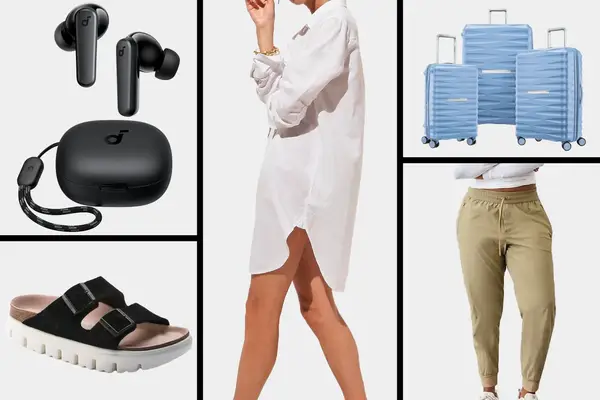Collage of travel and fashion items including earbuds, sandals, luggage, pants, and a woman in a shirt