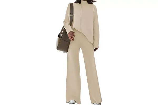 Fixmatti Women Knit Sweatsuit Turtleneck Sweater Top and Wide Leg Pant 2 Piece Outfits