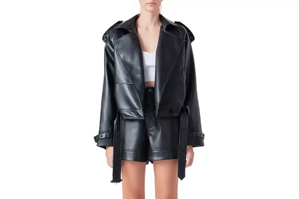 Grey Lab Faux Leather Trench Jacket 